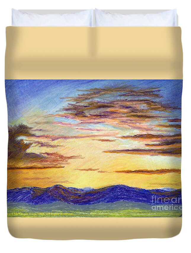 Spiritual Light Sunset Over Preseli Mountains Duvet Cover featuring the pastel Spiritual Light Sunset Over Presili Mountains Oil Pastel Painting by Edward McNaught-Davis