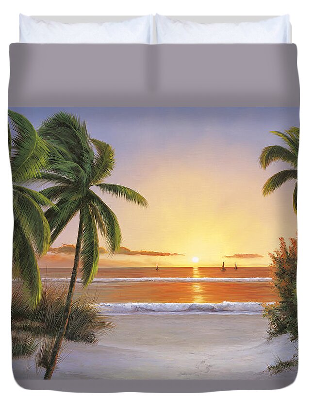 Beach Painting Duvet Cover featuring the painting Sunset Sail by Diane Romanello