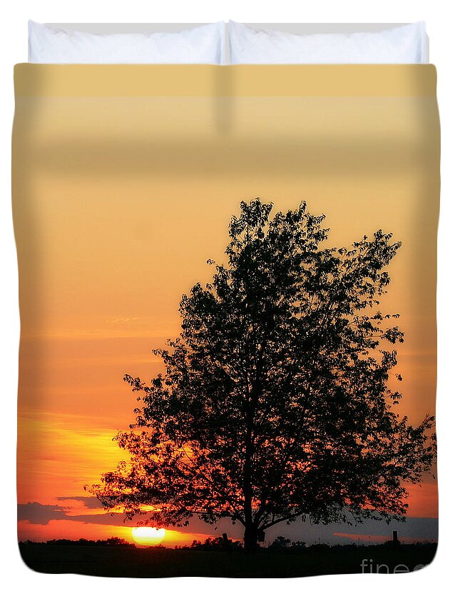 Biophilic Duvet Cover featuring the photograph Square Photograph of a Fiery Orange Sunset and Tree Silhouette by Angela Rath