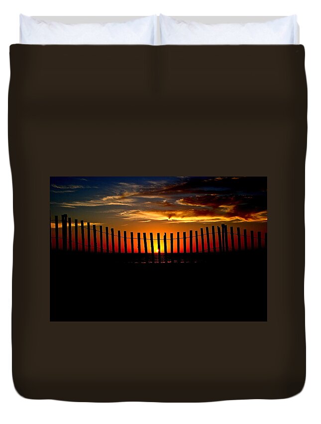 Sunset Duvet Cover featuring the photograph Sunset through the Fence by Liz Vernand