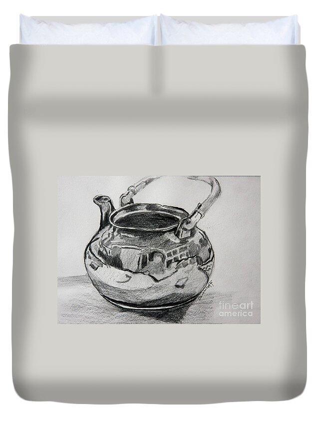  Drawing Duvet Cover featuring the drawing Teapot Reflections by Jan Bennicoff
