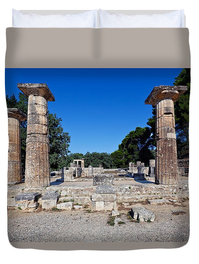 Ancient Duvet Cover featuring the photograph Temple of Hera - Ancient Olympia by Constantinos Iliopoulos
