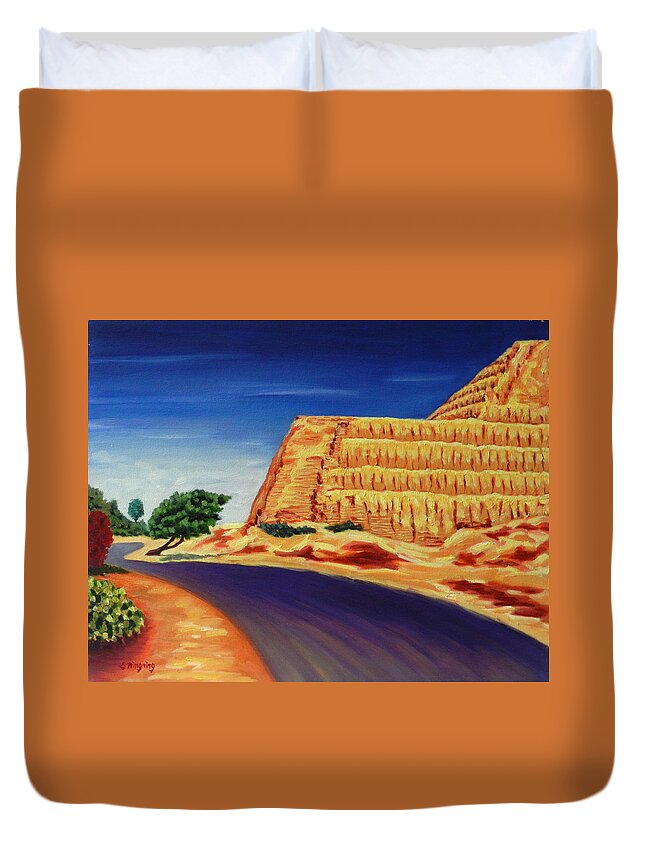Landscape Duvet Cover featuring the painting Temple of the Sun , Peru Impression by Ningning Li