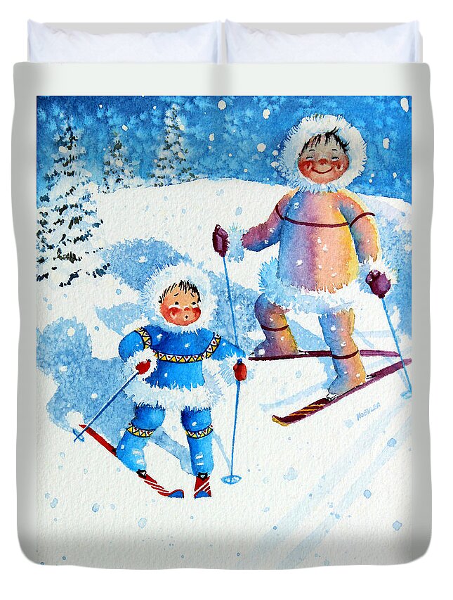 Kids Art For Ski Chalet Duvet Cover featuring the painting The Aerial Skier - 6 by Hanne Lore Koehler