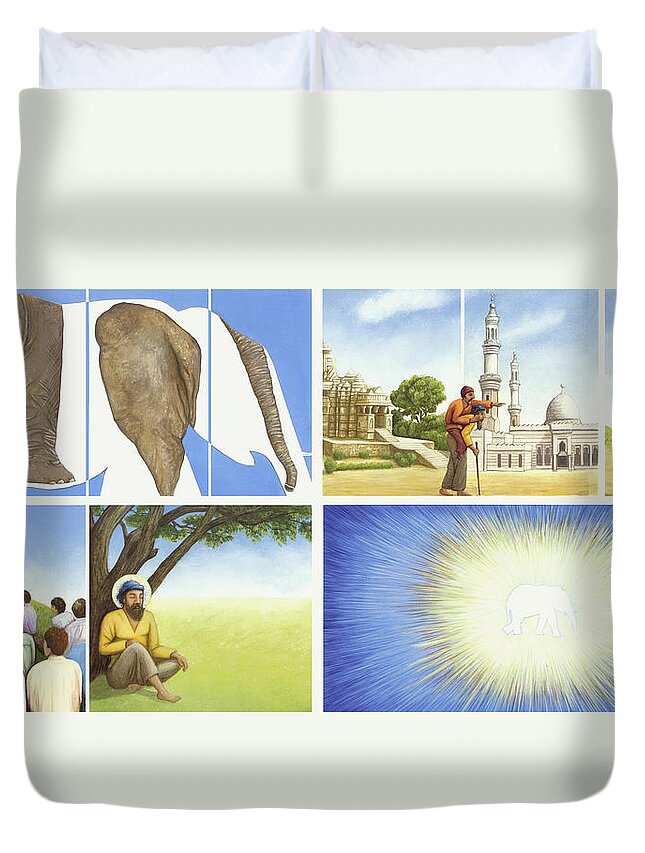 Elephant Duvet Cover featuring the painting The blind men and the elephant by Nad Wolinska