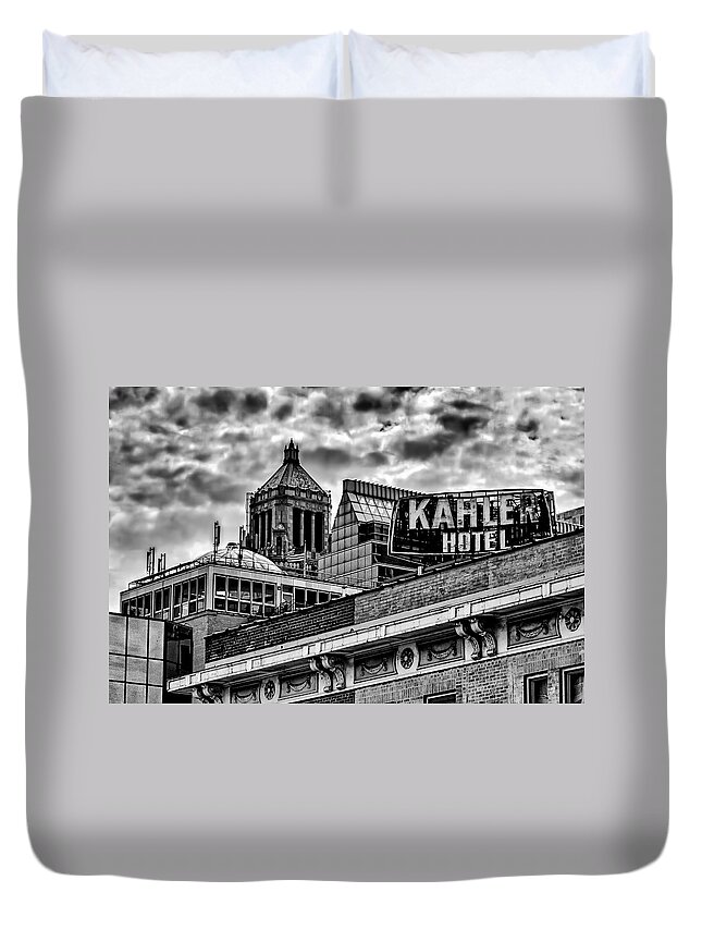 Clouds Storm Black And White Noir City Cityscape Skyline Rochester Minnesota Kahler Hotel Duvet Cover featuring the photograph The Gathering Storm by Tom Gort