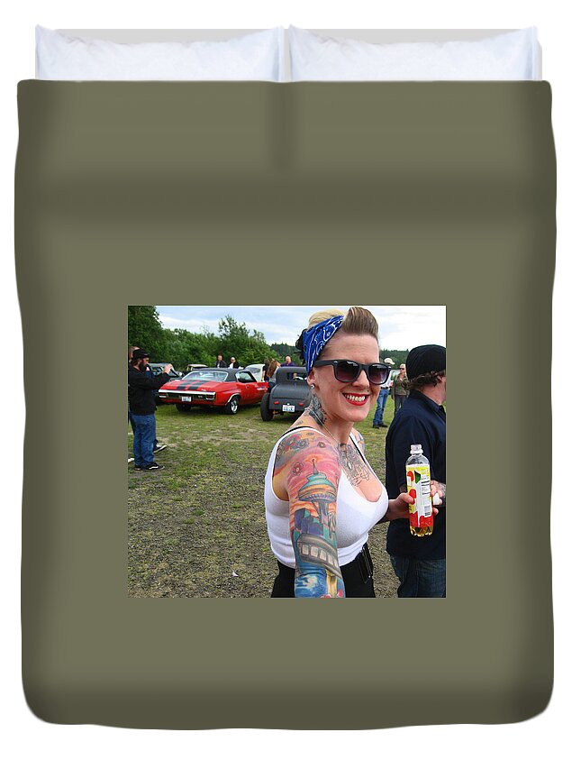 Pin Up Gril Duvet Cover featuring the photograph The Girl With The Space Needle Tattoo by Kym Backland