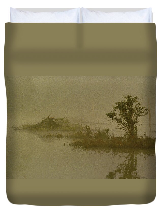 Pond Duvet Cover featuring the photograph The Lodge In The Mist by Skip Willits