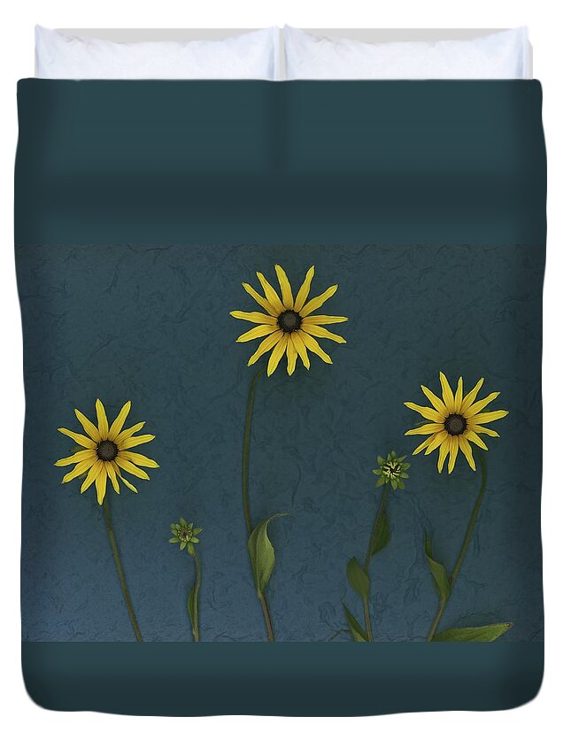 Arranged Duvet Cover featuring the photograph Three Yellow Flowers by Deddeda