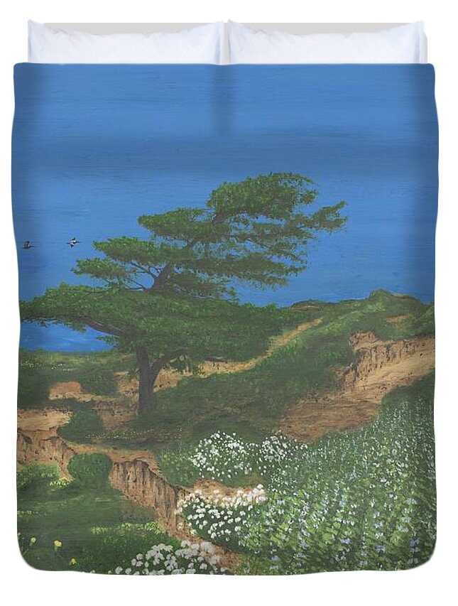 Torrey Pines Duvet Cover featuring the painting Torrey Pines and Pelicans by L J Oakes
