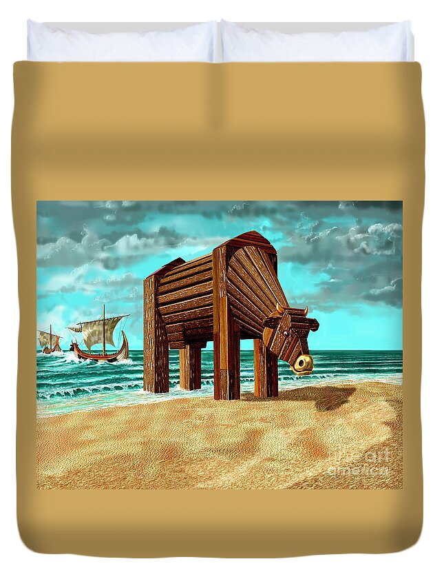 Beach Duvet Cover featuring the digital art Trojan Cow by Russell Kightley