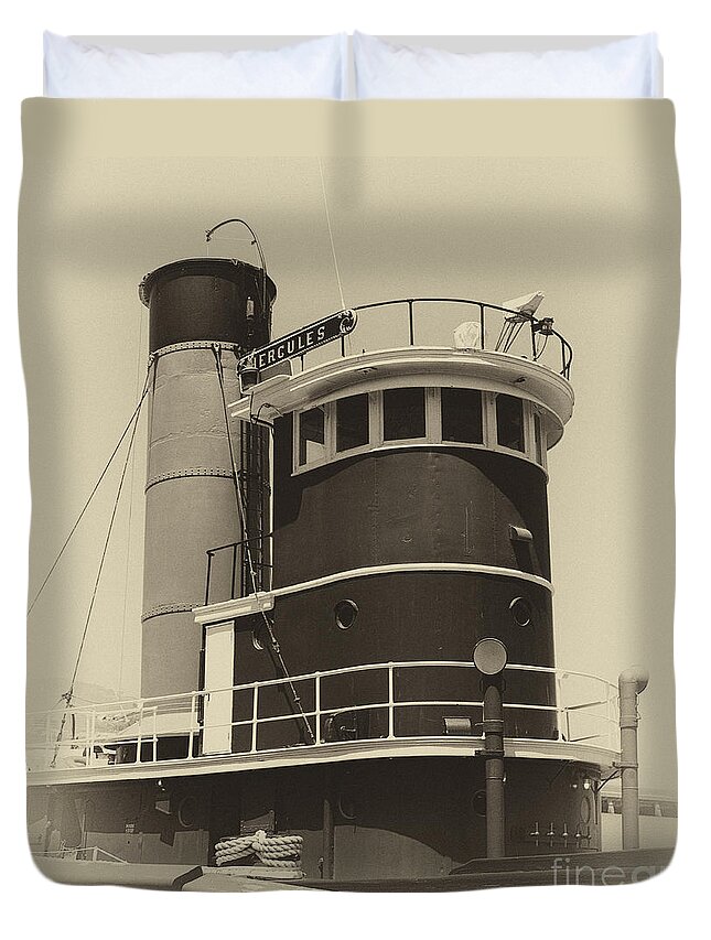 Tug Duvet Cover featuring the photograph Tug Boat Black and White by Jim And Emily Bush