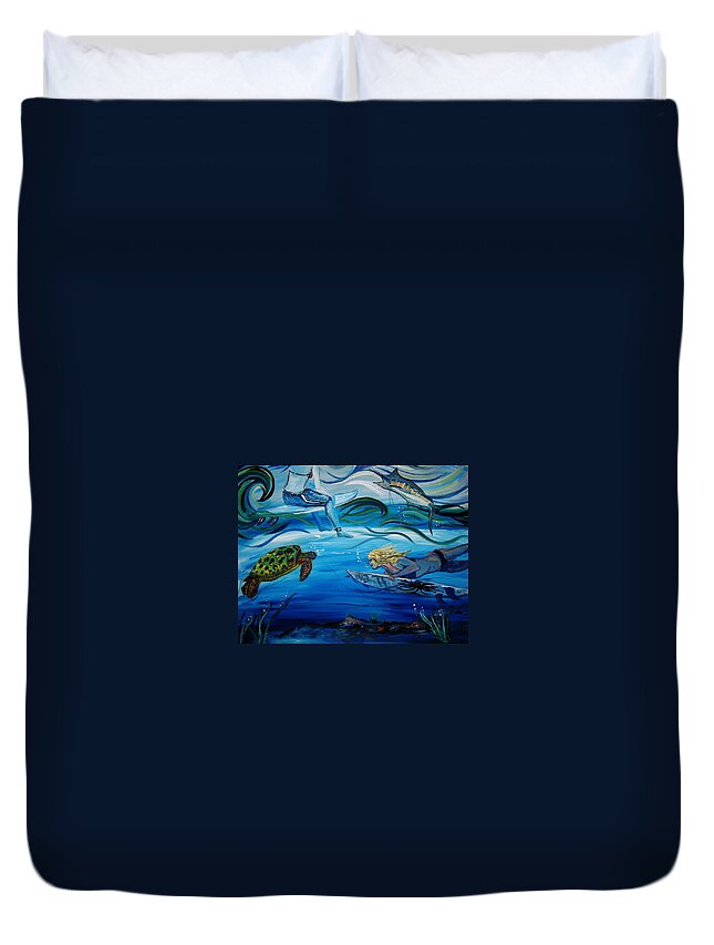 Underwater Duvet Cover featuring the painting Underwater Surfers by Amanda Dinan