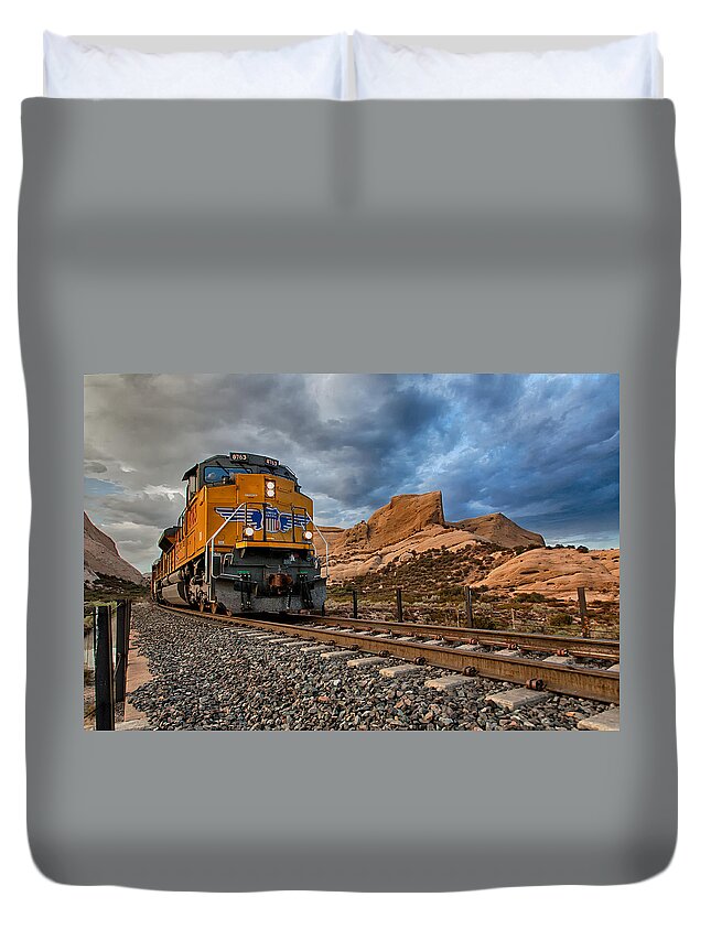 Train Duvet Cover featuring the photograph Union Pacific thru Mormon Rocks by Peter Tellone