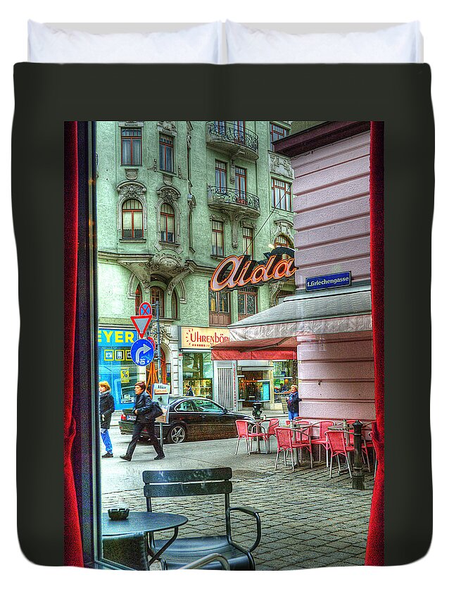Vienna Duvet Cover featuring the photograph VIENNA View from Coffee Shop Window by Juli Scalzi