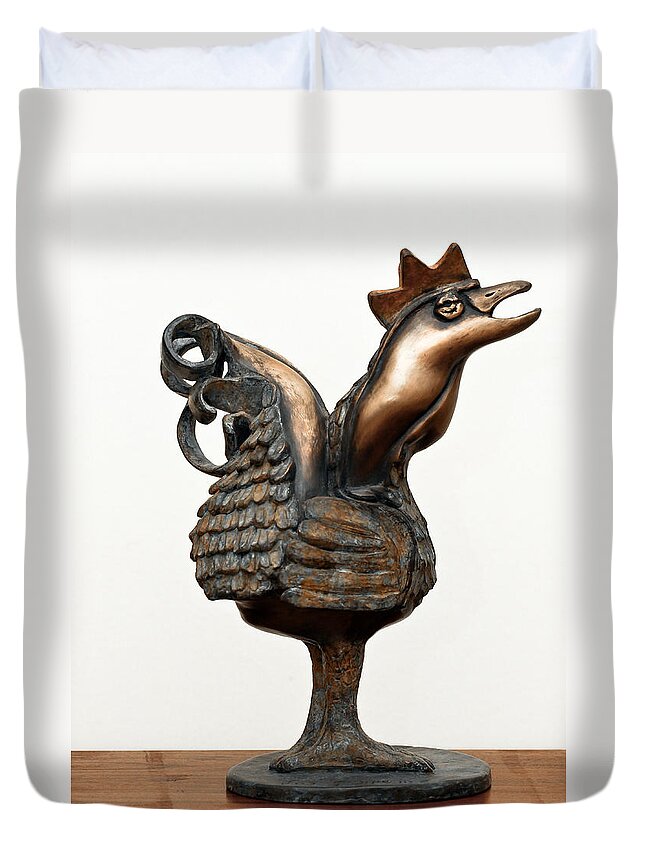 Wakeup Duvet Cover featuring the sculpture Wakeup Call Rooster Image 2 Bronze Sculpture with beak feathers tail brass and opaque surface by Rachel Hershkovitz