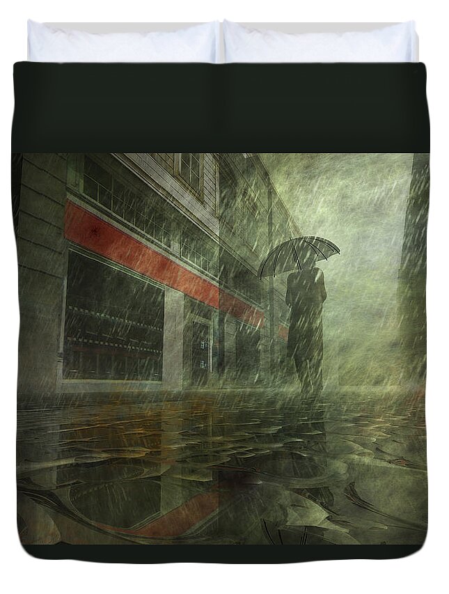 Alone Duvet Cover featuring the digital art Walking in the Rain by Carol and Mike Werner