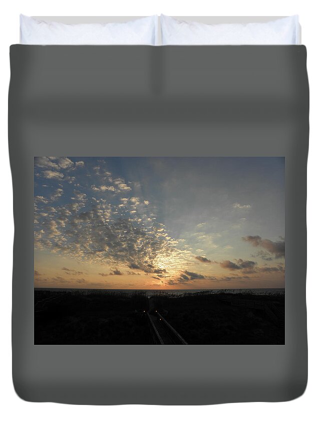 Sunrise Duvet Cover featuring the photograph Walkway To The Rise by Kim Galluzzo