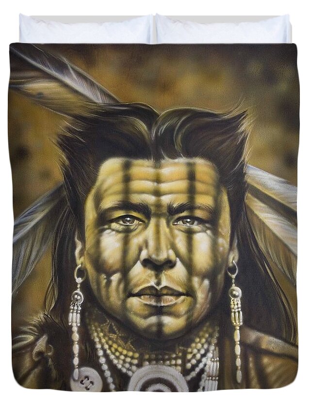 Native American Duvet Cover featuring the painting Warpath by Timothy Scoggins