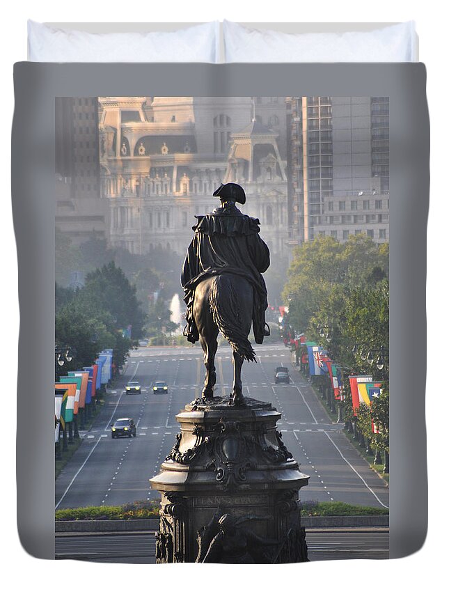 Philadelphia Duvet Cover featuring the photograph Washington Looking down the parkway - Philadelphia by Bill Cannon