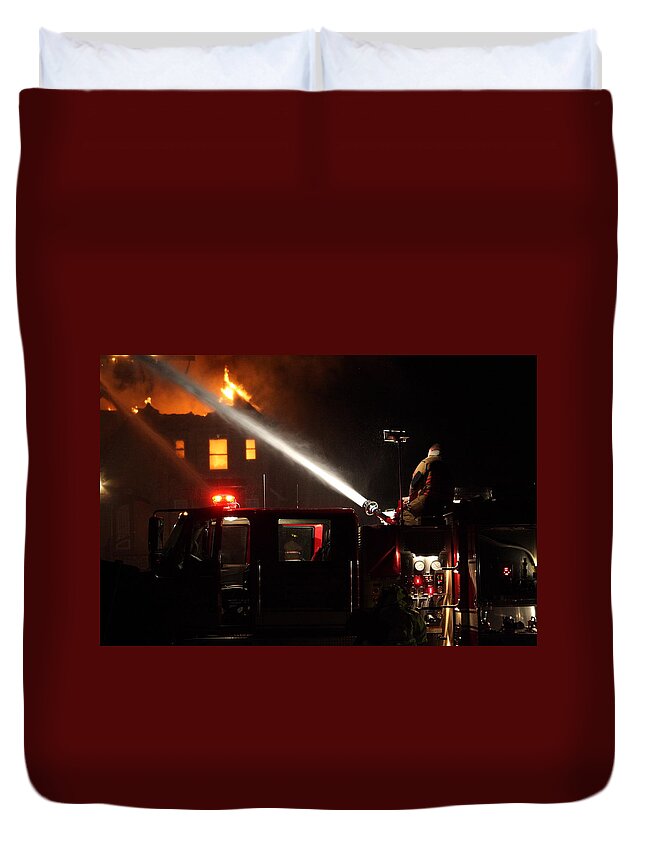 Fire Duvet Cover featuring the photograph Water On The Fire From Pumper Truck by Daniel Reed