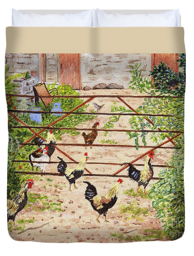 Welsh Farm Duvet Cover featuring the painting Welsh Farm Cockerels on Patrol by Edward McNaught-Davis