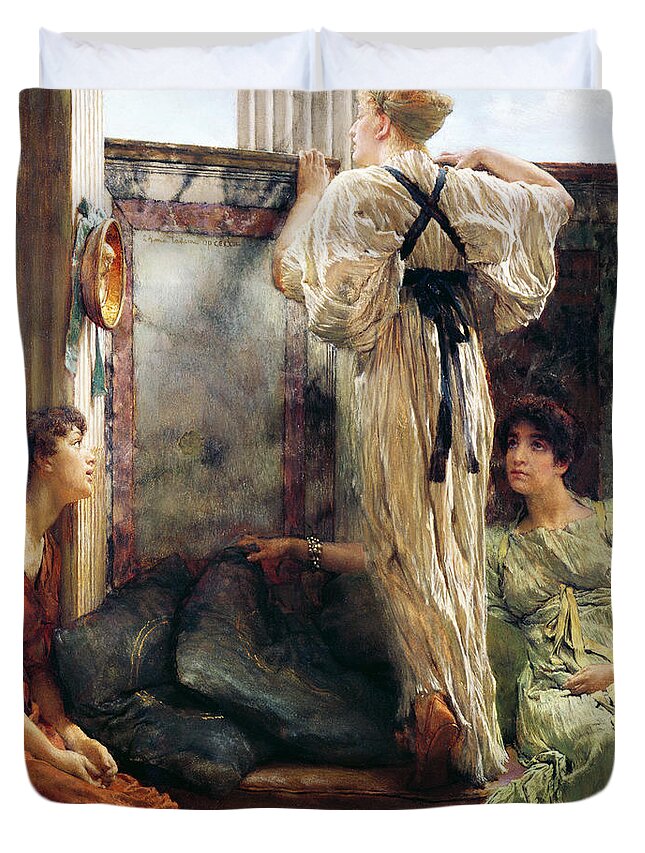 Who Is It? Duvet Cover featuring the painting Who Is It by Lawrence Alma-Tadema