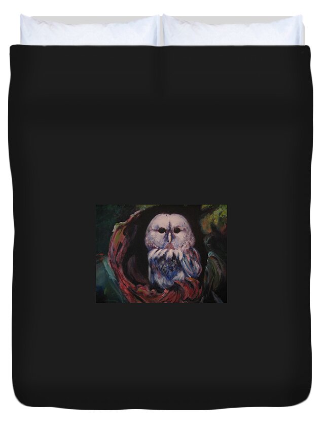 Owl Duvet Cover featuring the painting Who's Lair by Jason Reinhardt