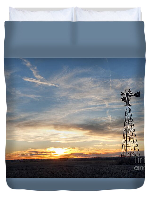Sunset Duvet Cover featuring the photograph WIndmill and Sunset by Art Whitton