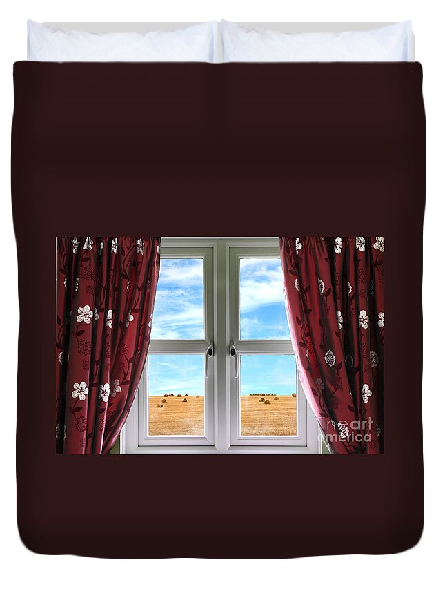 Window Duvet Cover featuring the photograph Window and curtains with view of crops by Simon Bratt