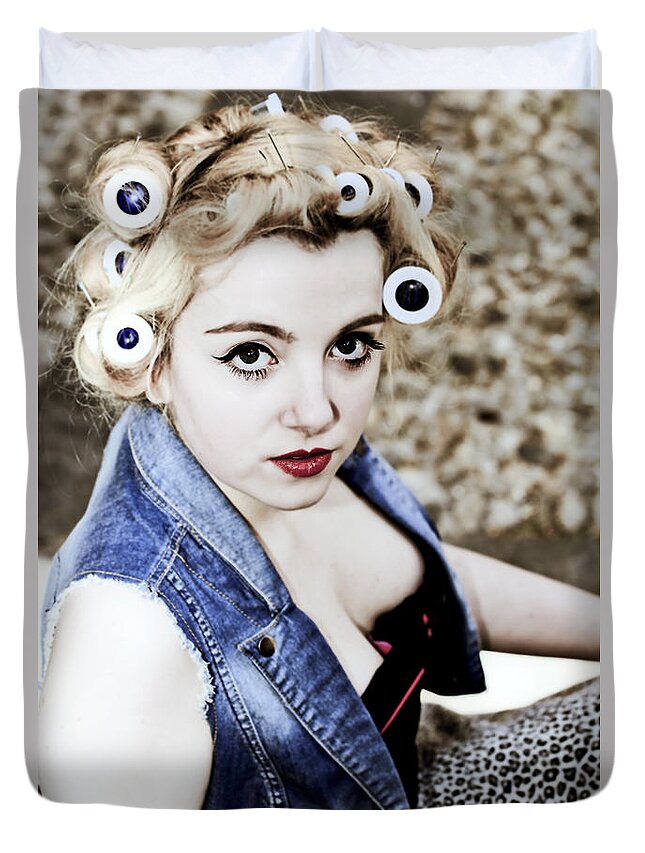 Young Duvet Cover featuring the photograph Woman With Curlers by Joana Kruse