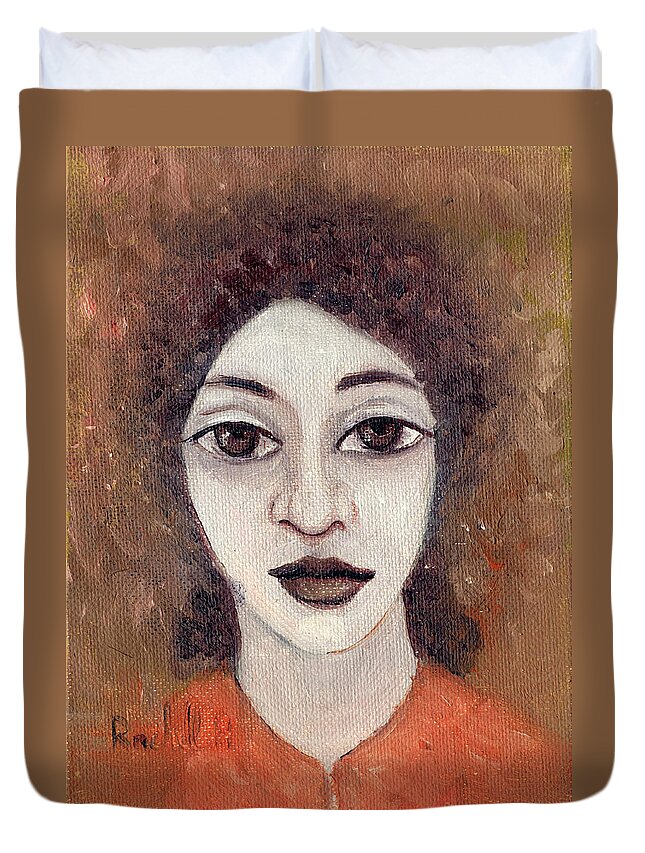 Woman Duvet Cover featuring the painting Woman with large dark brown eyes and hair orange shirt dark eyebrows by Rachel Hershkovitz