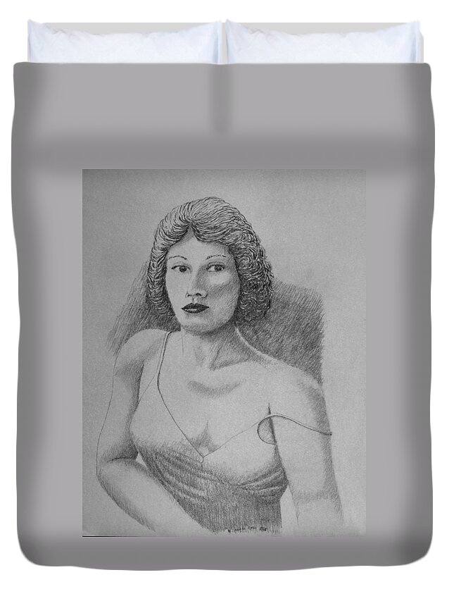 Portrait Duvet Cover featuring the drawing Woman With Strap Off Shoulder by Daniel Reed