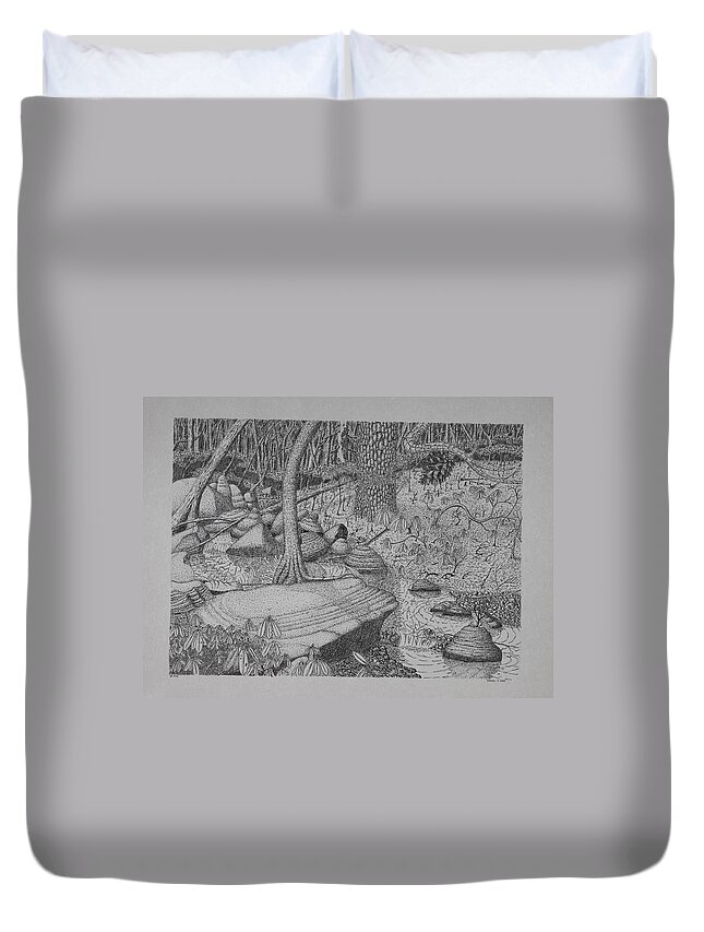 Nature Duvet Cover featuring the drawing Woodland Stream by Daniel Reed