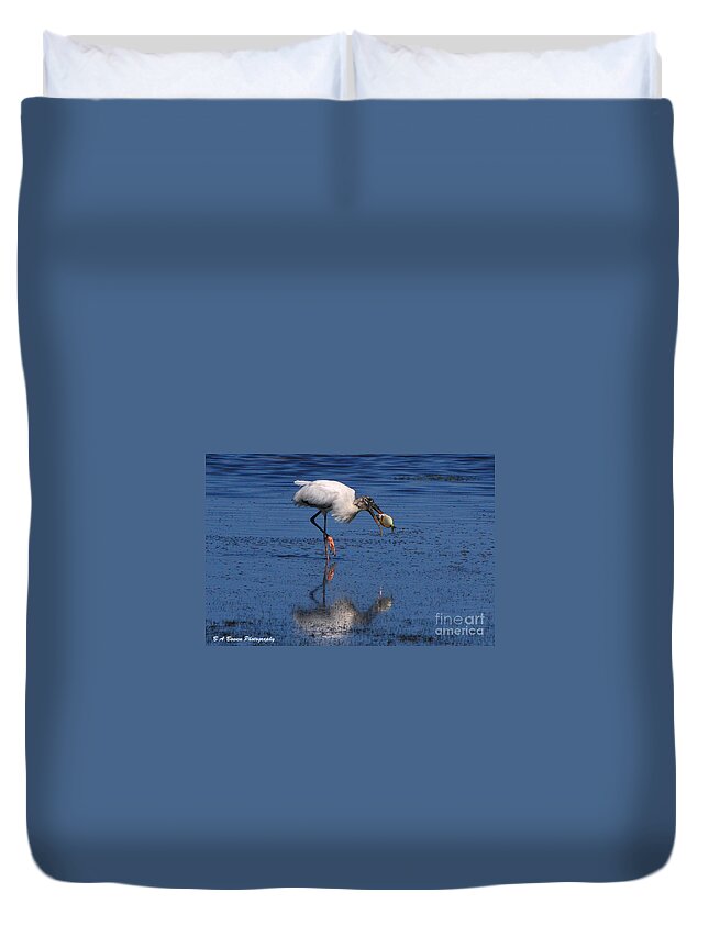 Wood Stork Duvet Cover featuring the photograph Woodstork catches fish by Barbara Bowen