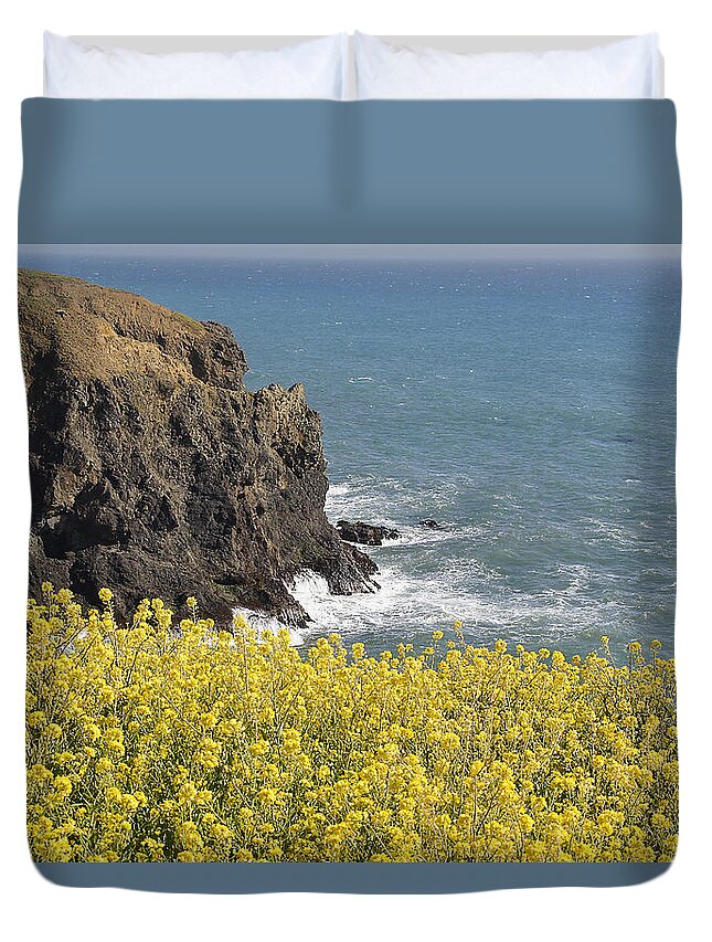 Highway 1 Duvet Cover featuring the photograph Yellow Flowers on the Northern California Coast by Mick Anderson