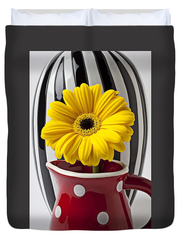 Yellow Mum Pitcher Vase Flower Duvet Cover featuring the photograph Yellow mum in pitcher by Garry Gay