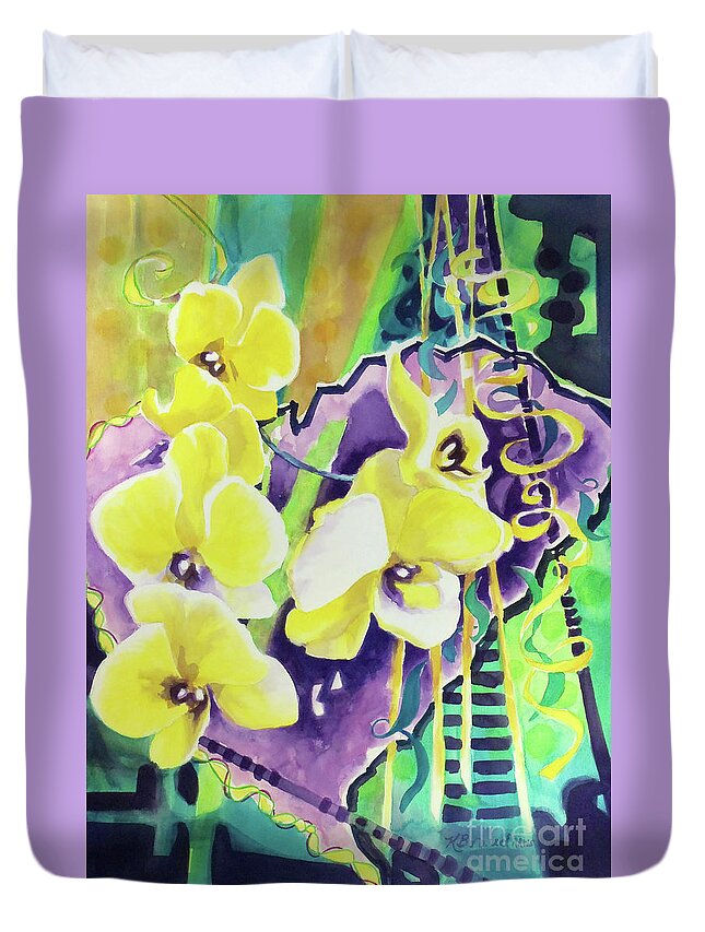 Paintings Duvet Cover featuring the painting Yellow Orchids of the Heart by Kathy Braud