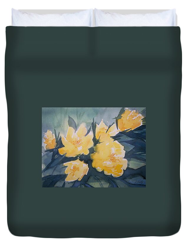 Yellow Duvet Cover featuring the painting Yellow Roses by Audrey Peaty