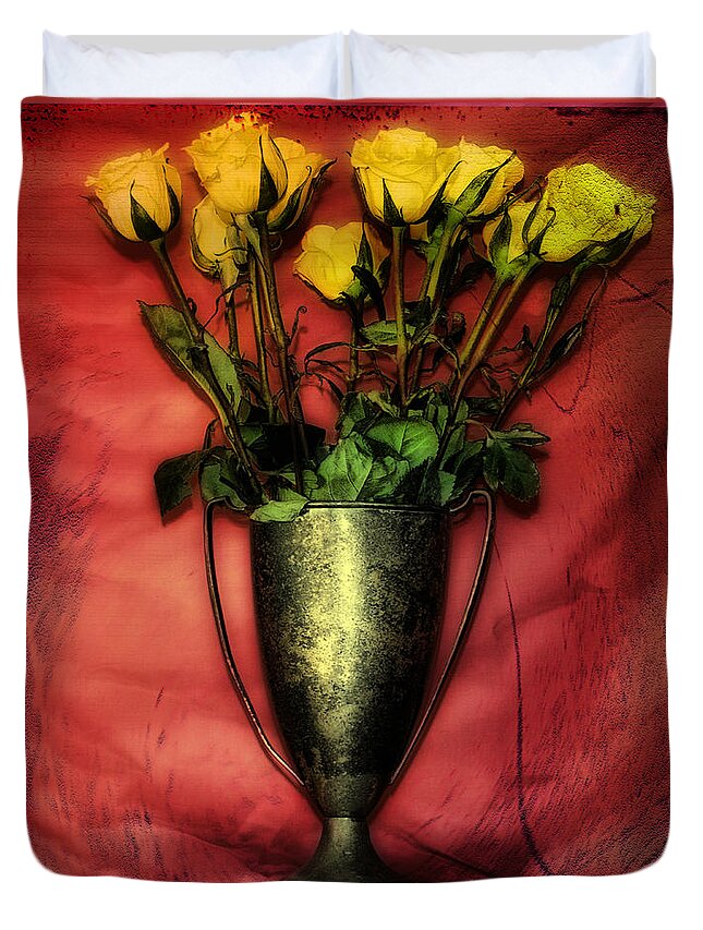 Yellow Duvet Cover featuring the photograph Yellow Roses in a Trophy by Bill Cannon