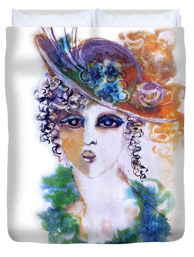 Young Duvet Cover featuring the painting Young woman face with curls in blue green dress purple hat with flower by Rachel Hershkovitz