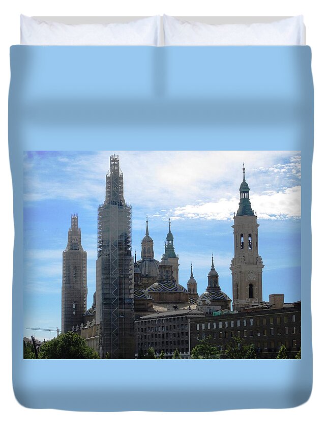 Zaragoza Duvet Cover featuring the photograph Zaragoza Plaza Ancient Bell Tower and Church Renovation in Spain by John Shiron