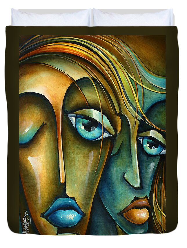 Urban Expression Duvet Cover featuring the painting ' Sharing ' by Michael Lang
