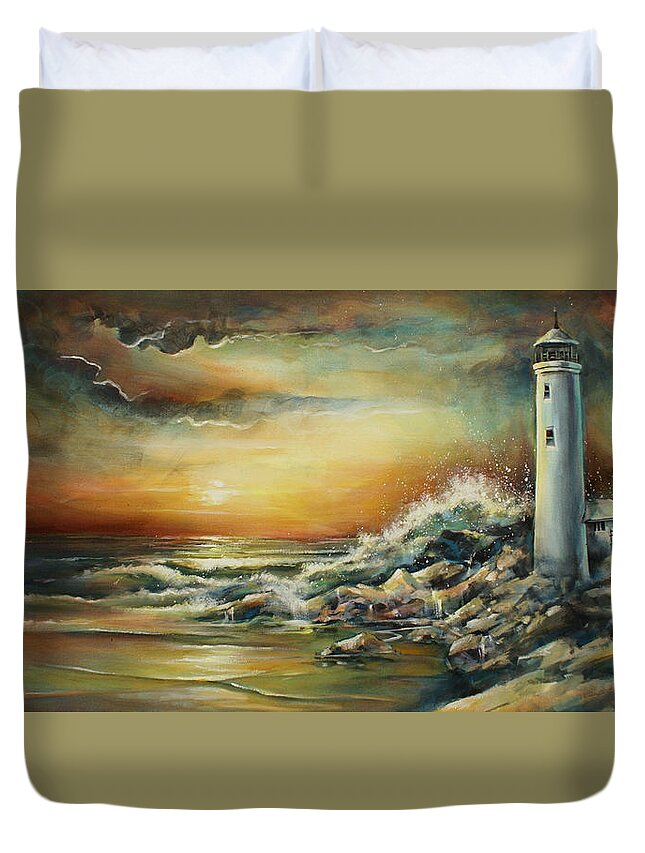 Lighthouse Duvet Cover featuring the painting ' The Point' by Michael Lang