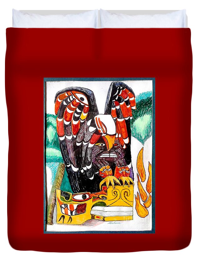 Totem Pole Duvet Cover featuring the drawing Eagle Has Landed by Abelone Petersen