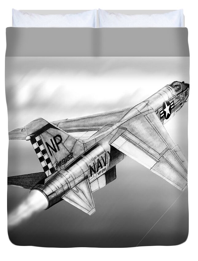 Navy Duvet Cover featuring the drawing F-8E Crusader Drawing by Douglas Castleman