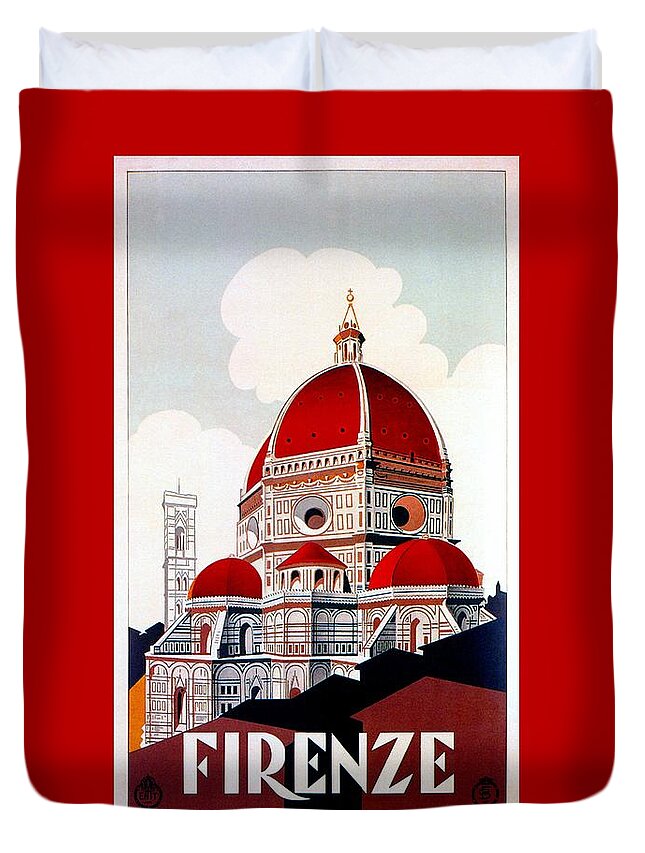 Vintage Duvet Cover featuring the digital art Florence Firenze 1920s Italian travel ad, duomo by Heidi De Leeuw