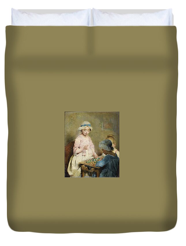 Charles Chaplin 1825 - 1891 Girls Playing Loto Duvet Cover featuring the painting Girls Playing Loto by MotionAge Designs