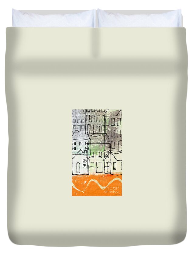 Houses Duvet Cover featuring the painting Houses By The River by Linda Woods