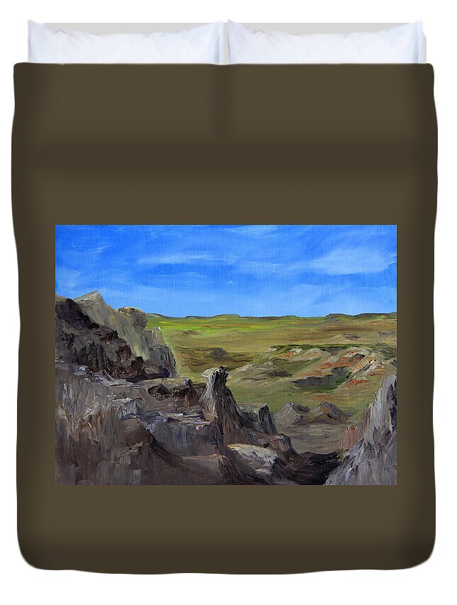 Badlands Duvet Cover featuring the painting Hunters Overlook Badlands South Dakota by Joi Electa
